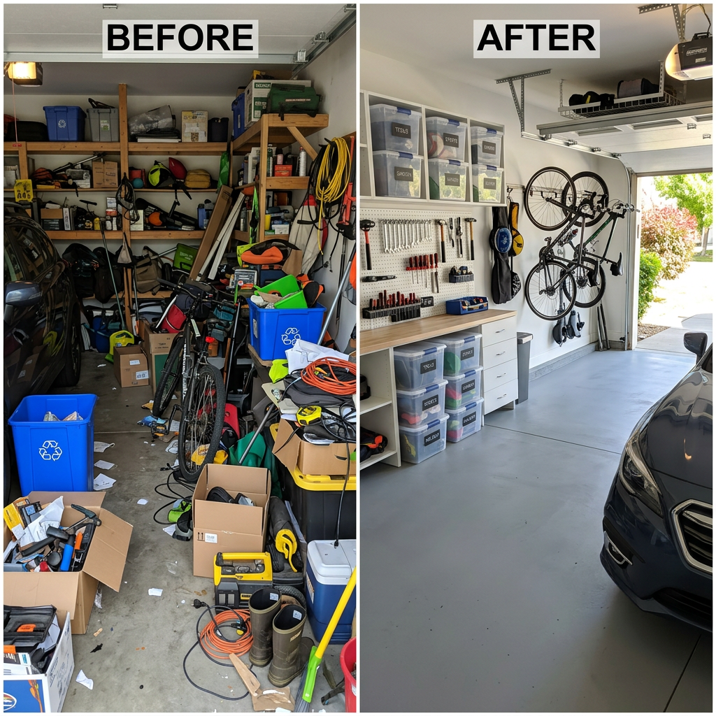 Side-by-side comparison of a cluttered garage and same garage neatly organized with storage bins and bikes hung